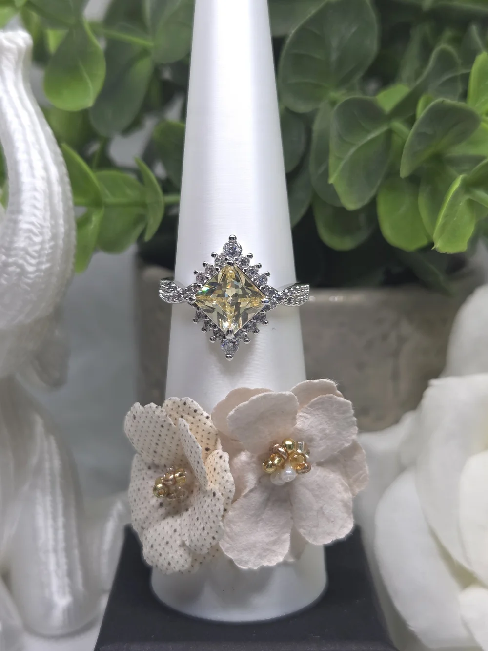 BP Elegant Yellow CZ Halo Ring in Rhodium Plating